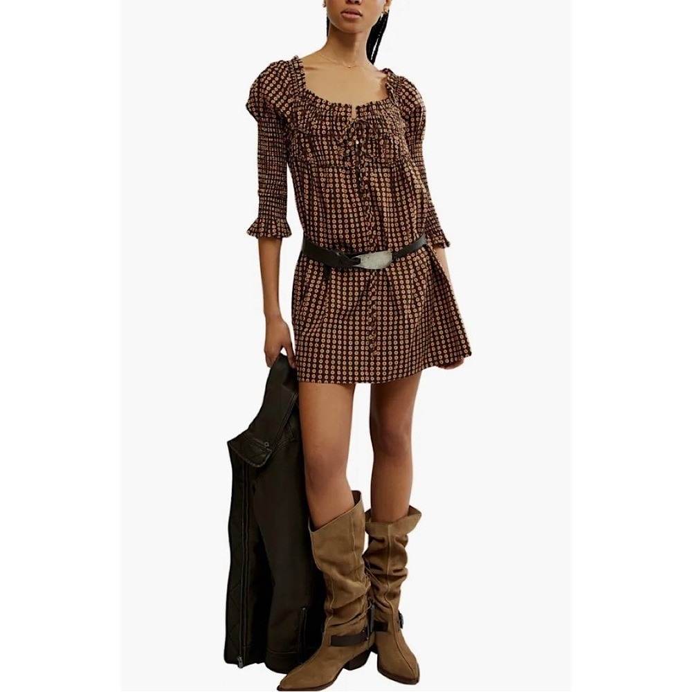 Free People Brown Geometric Print Smocked Sleeve Mini Dress Square Neck SMALL